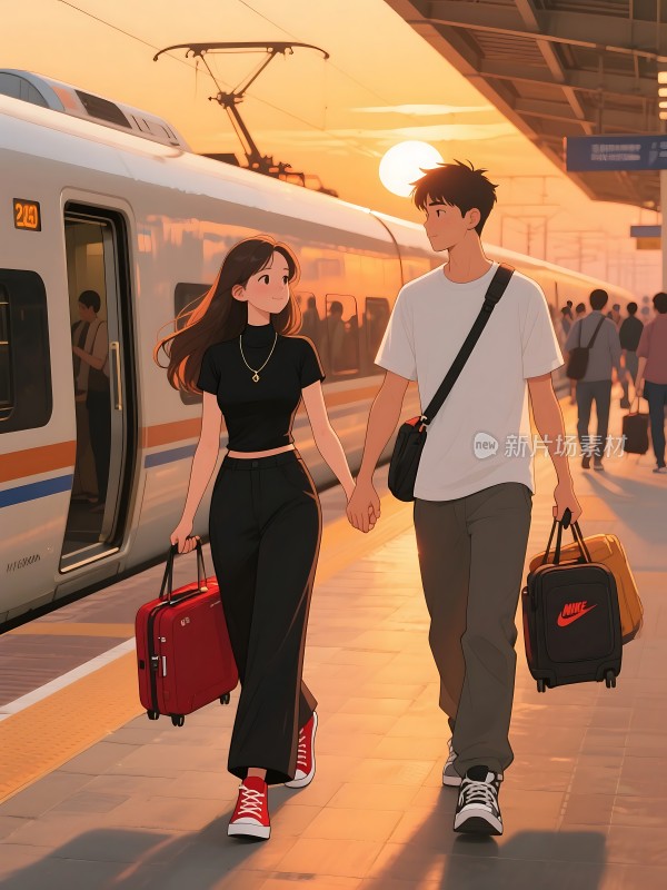 夕阳下情侣手提行李箱漫步火车站台