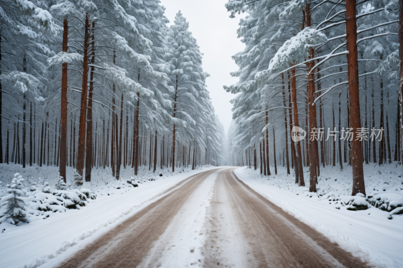 树林里的雪路树木和地面上的雪风光风景图片