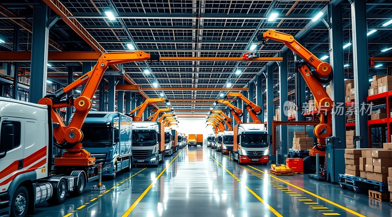 智能物流中心橙色机械臂与卡车协同作业
