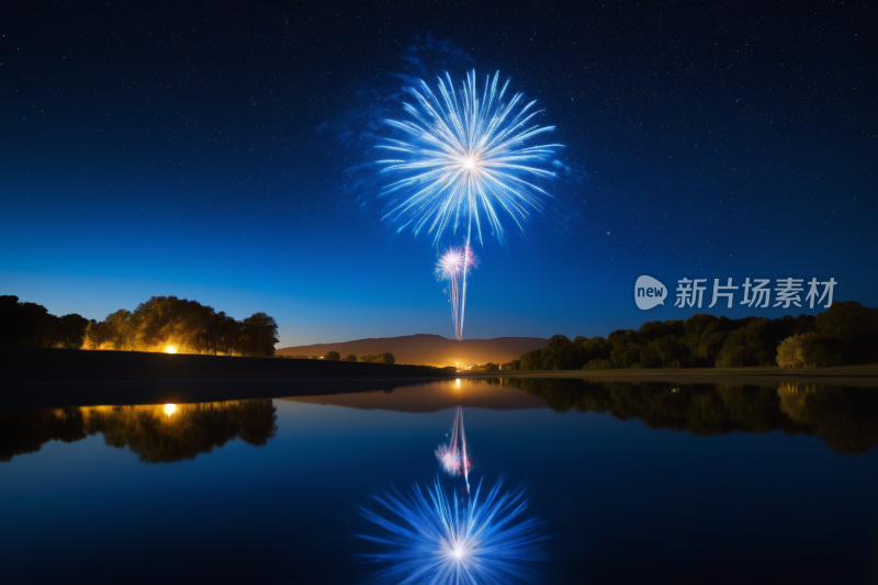 湖上天空的烟花在水中倒影高清背景图片