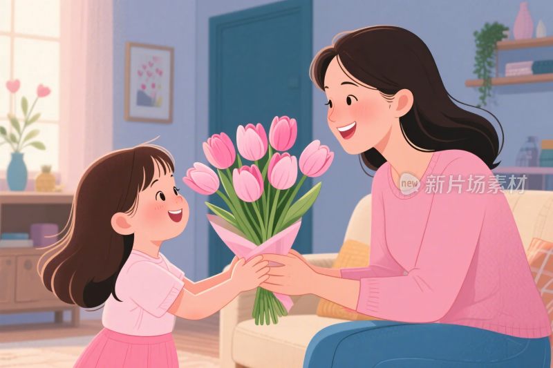温馨母女送花插画
