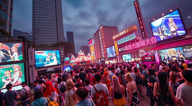 动漫圣地夜游霓虹闪烁下的热情人群