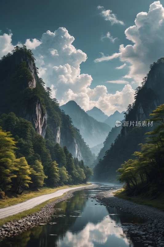 一条河流穿过山谷山脉高清风景插图片