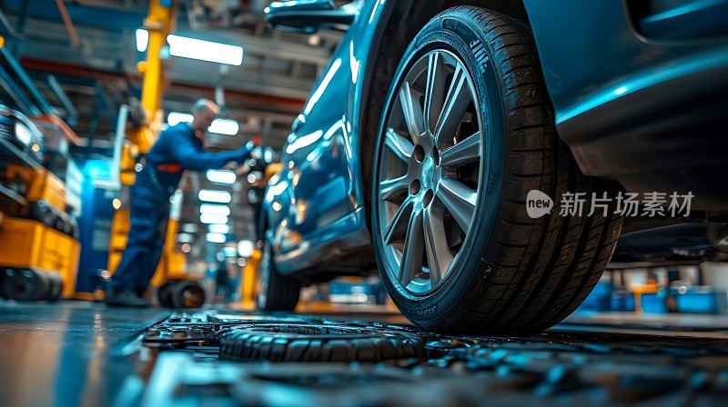 车间内工人正在检查汽车轮胎