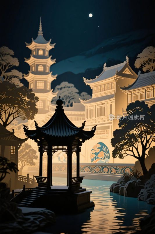 古风古建夜景水景