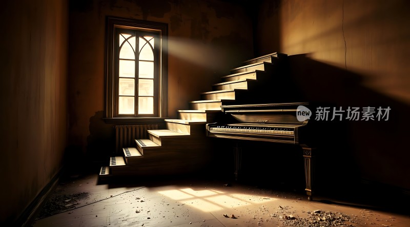 阳光下的废弃钢琴与楼梯