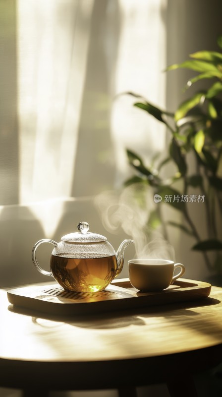 阳光洒落的茶具和热茶