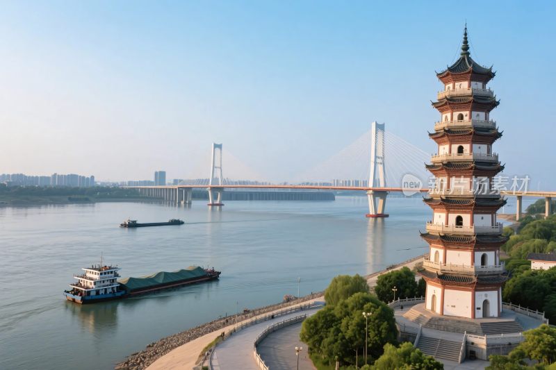 古塔江桥风光图