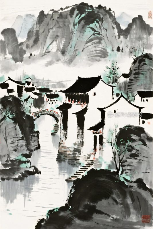 水墨山水国画画卷