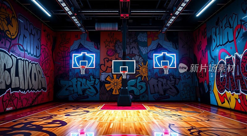 街头篮球场涂鸦与光影的碰撞