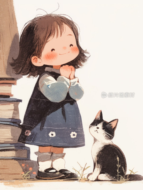 小女孩与猫的插画