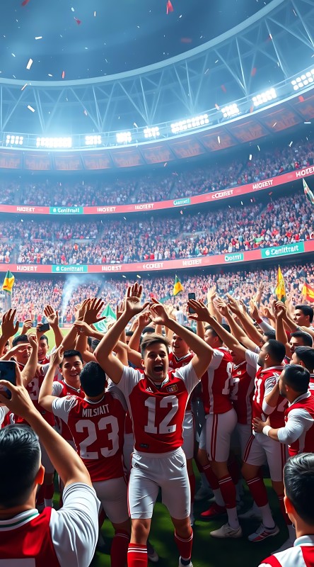 红白球衣球员欢庆胜利观众欢呼雀跃彩带飘扬