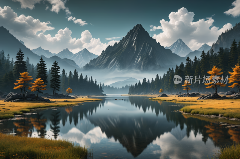 有山湖树木高清风景插画图片