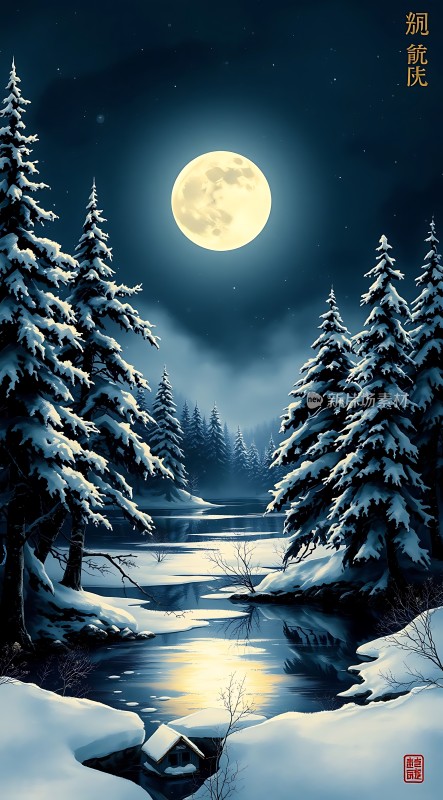 雪夜月映湖畔小屋