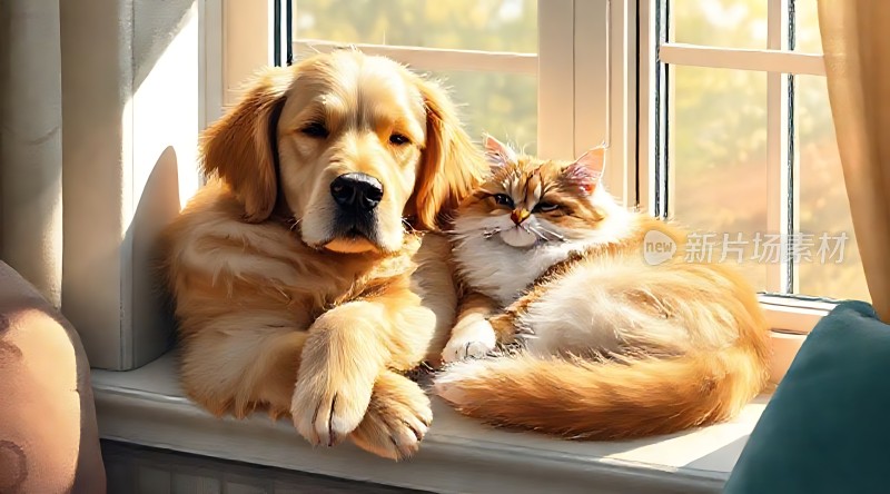 阳光下的狗和猫依偎在一起