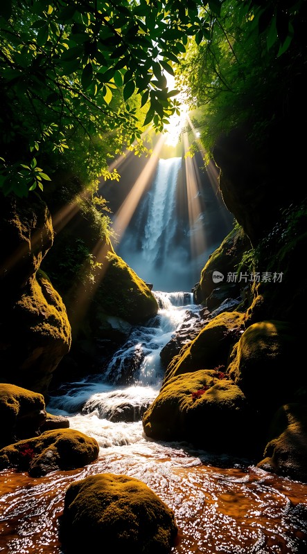 阳光下的瀑布与岩石