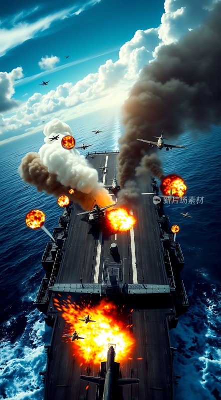 航母激战烈焰与烟雾交织的海空对决