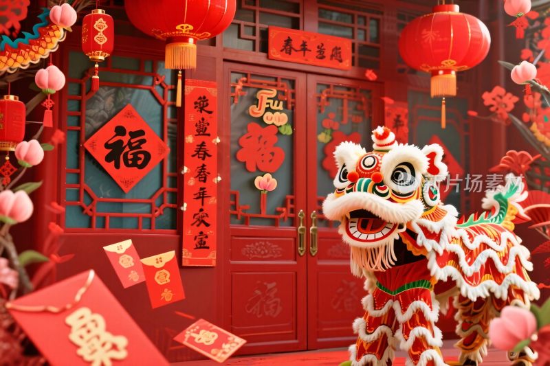 春节舞狮喜庆场景