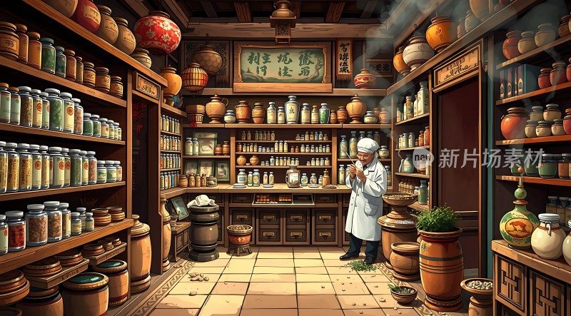 古风中药铺药香四溢老中医在忙碌