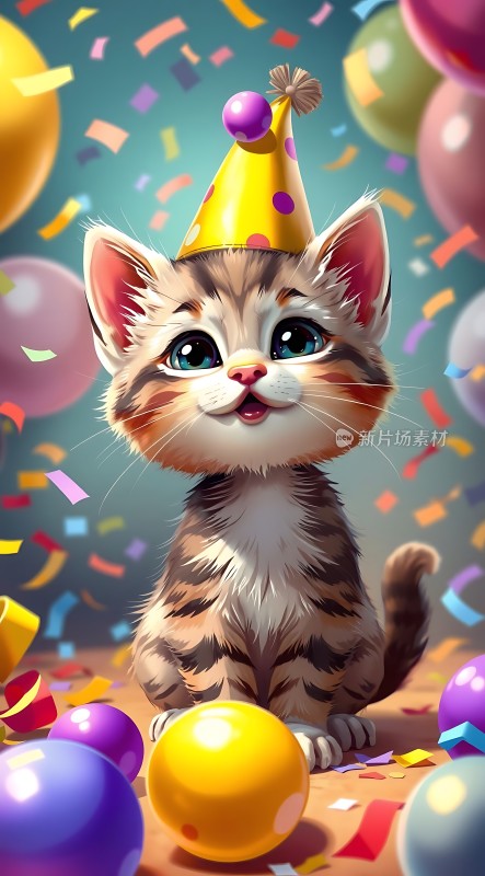 小猫戴生日帽气球和彩片环绕