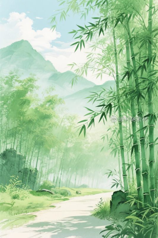 山水竹林风景插画