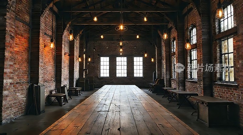 复古工业风长廊砖墙木地板自然光线洒落温馨而宁静