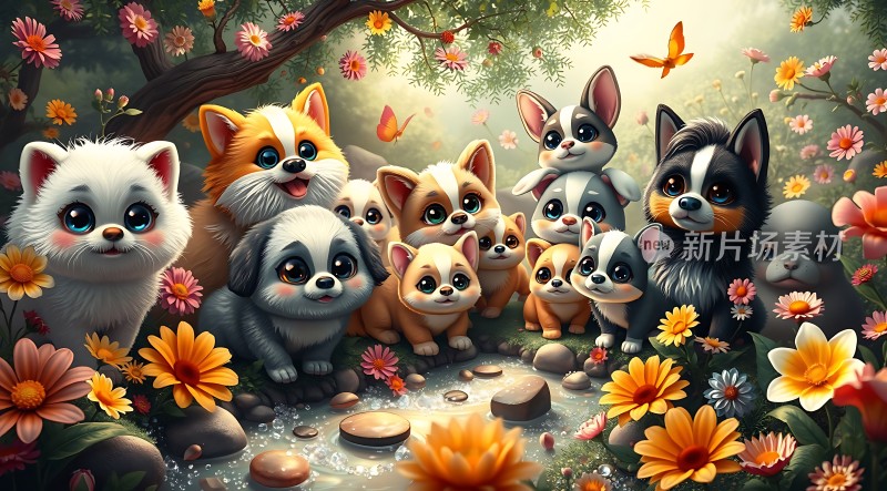 花丛中的可爱小狗们