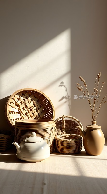 阳光下的竹编与陶瓷