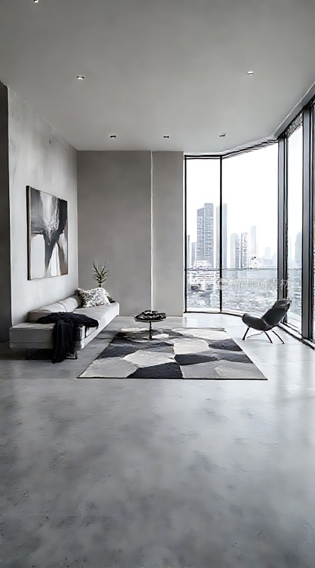 现代简约客厅落地窗与城市景观相映成趣