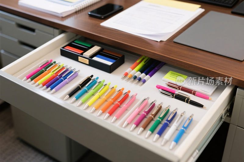 办公抽屉里彩色笔