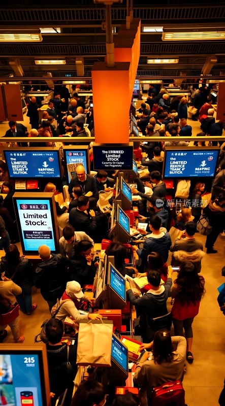 机场候机厅内众多旅客排队等待办理登机手续