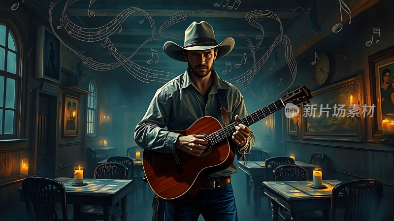 牛仔吉他手在昏黄的酒吧里弹奏旋律