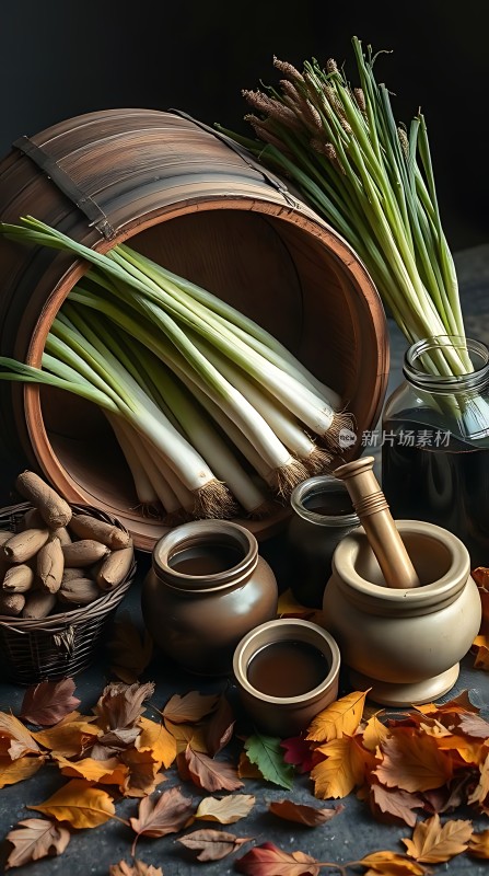 秋日香葱与坚果静物图