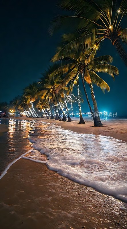 椰林夜色海浪轻拍沙滩