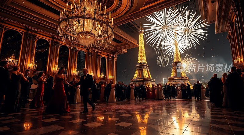 璀璨烟花映衬下华丽舞厅里的浪漫时光