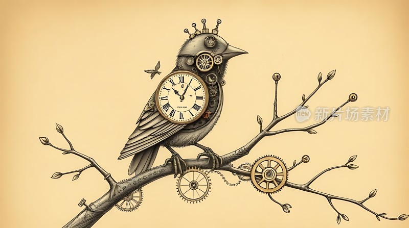 机械鸟栖息在齿轮树枝上
