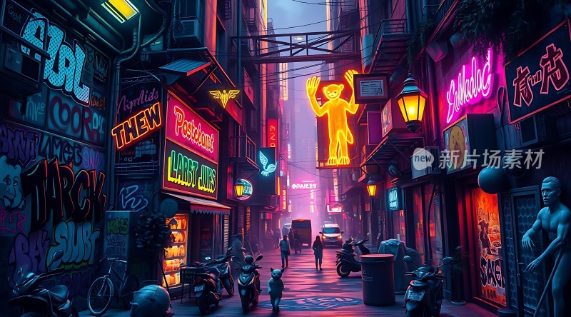 霓虹灯下的未来都市风情街