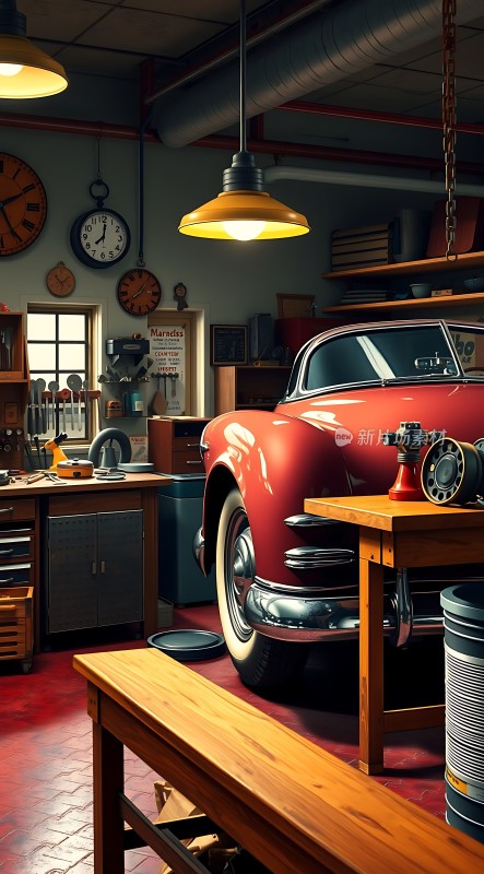 红色经典汽车与复古车库
