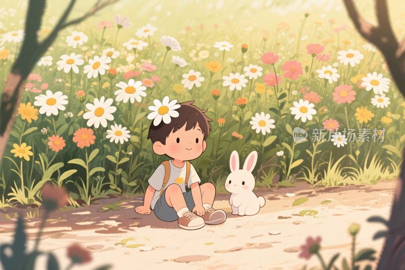 卡通孩童花丛与小兔插画