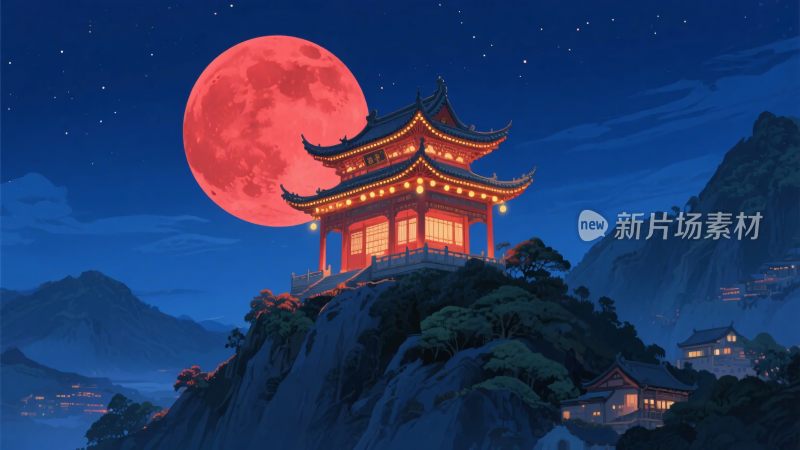 月下山顶中式古亭美景