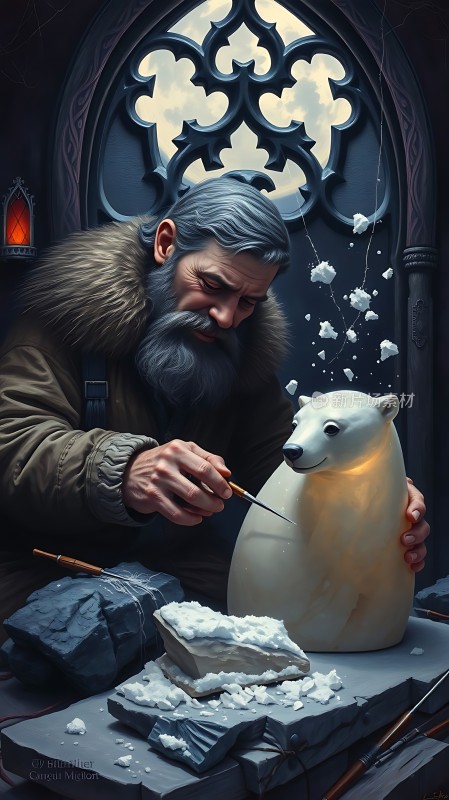 雕刻师与北极熊雕塑的艺术创作瞬间