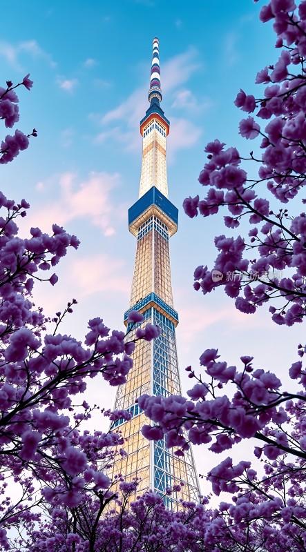 紫藤花下东方明珠塔