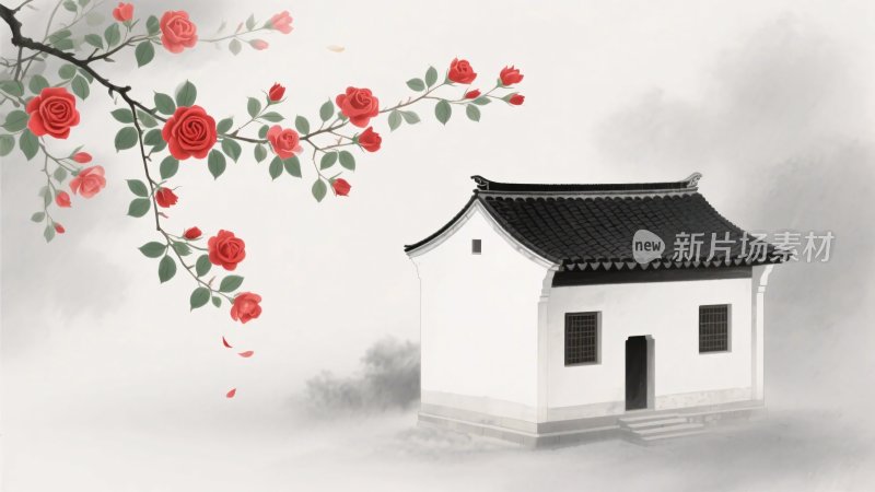 中国古风房屋红花插画