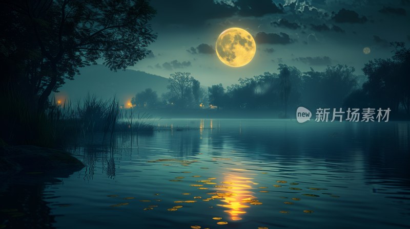 夜晚海面月亮