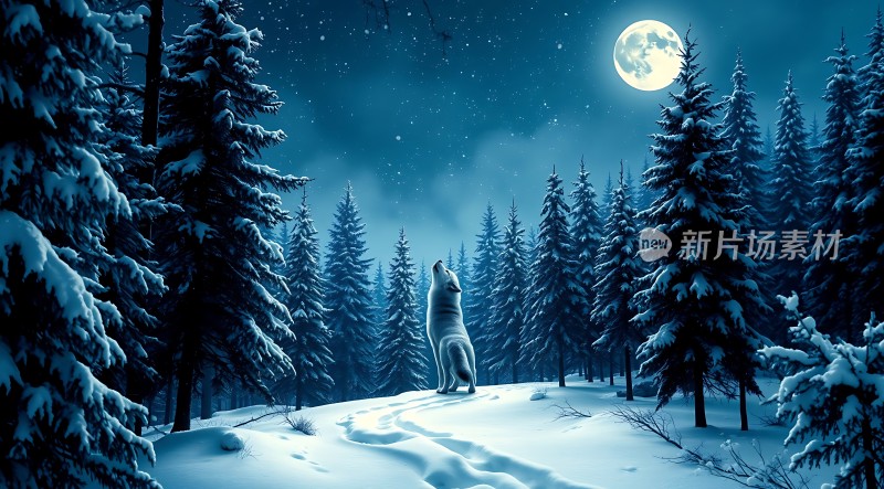 雪夜狼嚎月下林