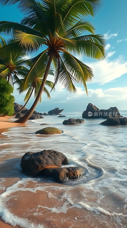 椰林沙滩海浪轻拍自然风光旖旎