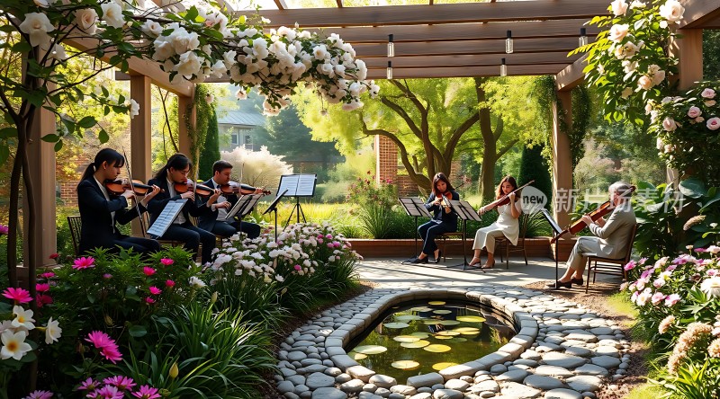 花园音乐会弦乐四重奏优雅环境浪漫氛围
