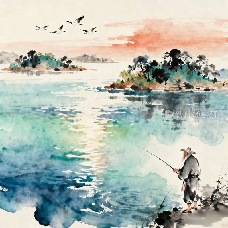 水墨画 垂钓 老翁 山 水