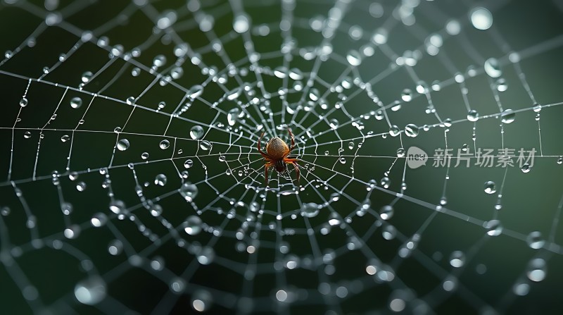 雨后露珠中的蛛网世界