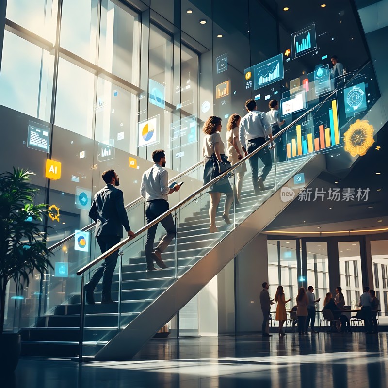 科技感十足的商务人士在现代化办公大楼中上下楼梯周围环绕着各种数据图表和AI图标